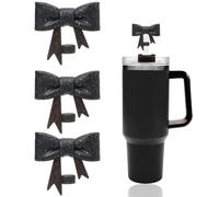 YAYAYOUNG 3 Pcs Glitter Black Bow Straw Covers Cap Toppers Compatible with Stanley 30&40 oz Tumbler Cups,Reusable Cute Silicone StrawTips Lids Protectors for 0.4 in/10mm StanleyCups StrawAccessories