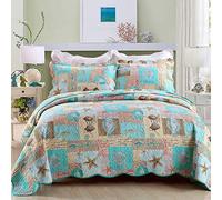 YAYIDAY Quilts Queen Size Bedspread Set | 100% Cotton Reversible Breathable Star Fish Coral Shell style Quilted Quilt with Pillow Shams for All Seasons