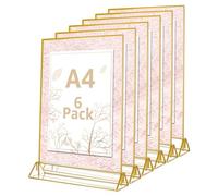 YAYODS 6 Pack A4 Acrylic Sign Holder, Double Sided A4 Display Stands with Gold Borders, Poster Menu Holders Stand for Tables, Perspex Display Stands for Office Restaurant Wedding