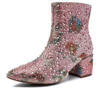 YAYONE Rhinestone Zipper Sparkling Ankle Boots - Glitter Pointed Toe Fashion Comfortable Shoes, Pull on Chunky Heel Western Boots, Pink, 6.5 UK