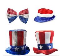 YaYuanSun 4th of July Decorations set Include Red White and Navy Blue Sequin Hat Top Hat and Bow Tie for Party Costume Patriotic Party Supplies, Labor Day 4th of July Festival Accessory, 4 Pack