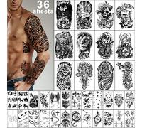 Yazhiji 36 Sheets Temporary Tattoos Stickers, 12 Sheets Fake Body Arm Chest Shoulder Tattoos for Men or Women with 24 Sheets Tiny Black Tattoos