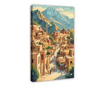 Yazidi Mountain Village Illustration, Kurdistan Landscape Print Canvas Poster Wall Art Decor Print Picture Paintings for Living Room Bedroom Decoration 24x36inch(60x90cm)