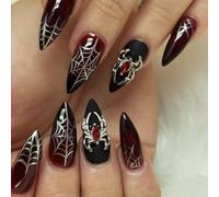 Yazikisa Halloween Fake Nails Almond Goth Press on Nail with Spiders Charms Black Red Gradient False Tips Glue on Full Cover Acrylic Manicure for Women Girls Art DIY Party 24 Pcs