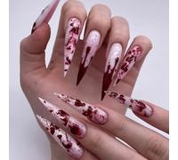 Yazikisa Halloween Press on Nails Long Stiletto Fake Nail Tips Blood Drop Designs Acrylic False Artificial Manicure Art Glossy Wearable for Women Festival Cosplay Scary Style 24 Pcs