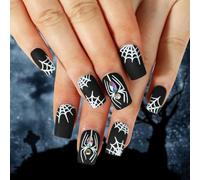 Yazikisa Halloween Press on Nails Short Square Fake Nail Black Matte Acrylic Artificial Manicure Spiders Web Rhinestones Stick on Fingernail for Women Girls Gifts Party 24 Pcs