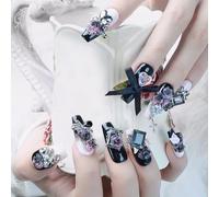 Yazikisa Handmade Press on Nails Long Fake Nail Coffin Artificial False Gel Fingernail 3D Rose Flower Bow Charms Glamnetic Acrylic Stick on Manicure Art Black Pink 10 Pcs (S)