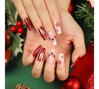 Yazikisa Medium Coffin Press on Nails Christmas Fake Nail Snowflake French Tips Red Rhinestones Glitter Design Xmas Glue on Full Cover Artificial Fingernails for Women 24 Pcs