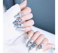 Yazikisa Press on Nails Handmade Long Coffin Fake Nail with Charms False Fingernail Rose Bow Pearl Acrylic Artificial Finger Luxury Glue on Manicure for Women Blue 10 Pcs (S)