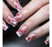 Yazikisa Short Square Fake Nails Halloween French Press on Nail Blood Designs Acrylic False Manicure Stick on Full Cover Glossy Reusable for Women Girls Art DIY Supplies 24 Pcs