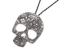 Yazilind Antique Silver Hollow With Flower Pattern Skull Pendant Chain Necklace Clothes 70cm