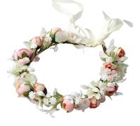YAZILIND Boho Floral Crown Headband - Artificial Rose & Daisy Flower Wreath with Ribbon - Bridal, Festival, or Photography Hair Accessory (Ivory & Blush Pink)