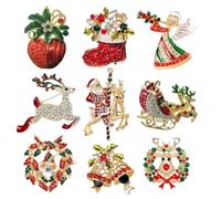 YAZILIND Christmas Brooch Pin Rhinestone Santa Claus Tree Wreath Bell Elk Boot Crutches Snowmen Corsage Female Xmas Breastpin Jewelry Set(9Pcs)
