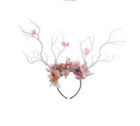 YAZILIND Pink Floral Antler Headband with Green Leaves - Fantasy Fairy Crown for Parties & Cosplay