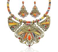YAZILIND Tribal and Ethnic Inspired Rainbow Color Jewellery Set Stripe Bib Chain Statement Chunky Vintage Necklace Earrings for Women Girls