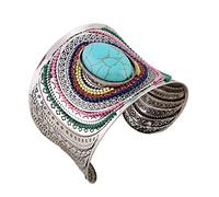 YAZILIND Women Bohemian Vintage Silver Turquoise Beaded Engrave Wide Grooved Open Cuff Bangle Retro Ethnic Bracelet Blue