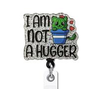 YAZMEEN Funny Cactus Cat Badge Reel Gifts - I am Not A Hugger - Retractable Badge Holder with Alligator Clip - Silver Glitter Acrylic ID Card Holder - Gifts for Nurse Teacher Colleague Cactus Lover