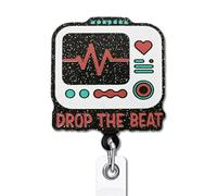 YAZMEEN Funny Cardiac Monitor Badge Reel Gifts - Drop The Beat - Retractable Badge Holder with Alligator Clip - Black Glitter Acrylic ID Card Holder - Gifts for ICU RN ER Nurse Cardiologist Doctor