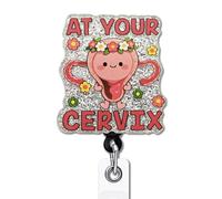 YAZMEEN Funny Floral Uterus Badge Reel Gifts - at Your Cervix - Retractable Badge Holder with Clip - Silver Glitter Acrylic ID Card Holder - Gifts for OBGYN L&D NICU Nurse Doctor Midwife Assistant