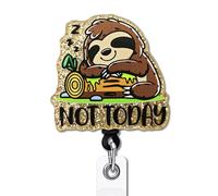 YAZMEEN Funny Sloth Badge Reel Gifts - Not Today - Retractable Badge Holder with Alligator Clip - Light Gold Glitter Acrylic ID Card Holder - Gifts for Nurse Doctor Teacher Sloth Lover Office Work