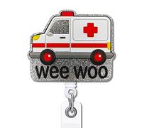 YAZMEEN Nurse Retractable Badge Reel with Alligator Clip Wee Woo Ambulance ID Card Badge Holder for First Responder Funny Grey Glitter Badge Reel Gift for EMT EMS Paramedic Nurse Doctor Medical Work