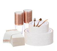 Yazoni 175PCS Reusable Plastic Dinnerware Set, Rose Gold Disposable Dinnerware Set for 25 Guests, Include: 50 Plates, 75 Silverware, 25 Napkins, 25 Cups for Party & Wedding