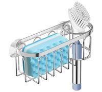 Yazoni 2-in-1 Sponge Holder for Kitchen Sink, Suction Cup Rack/Caddy, No Drill Rustproof Organizer for Place Dishwashing Brush Soap (Silver)