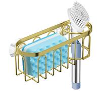 Yazoni 2-in-1 Sponge Holder for Kitchen Sink, Suction Cup Sponge Rack Kitchen Sink Caddy, No Drill Rustproof Kitchen Sink Organizer for Place Dishwashing Brush Soap and Sponge (Gold)