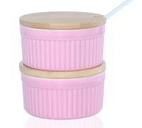 YAZYLIFE Salt and Pepper Bowls, 8OZ Ceramic Spice Cellars with Lid and Spoon For Kitchen, Condiment dispensers,Stacking Container for Salt, Pepper,Sugar, Spice, Set 0f 2. (Pink)