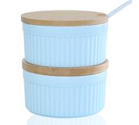 YAZYLIFE Salt and Pepper Bowls, 8OZ Ceramic Spice Cellars with Lid and Spoon For Kitchen, Condiment dispensers,Stacking Container for Salt, Pepper,Sugar, Spice, Set 0f 2. (Blue)