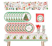 YBCCBY 129Pcs Christmas Party Tableware Xmas Disposable Dinnerware Set Including Christmas Paper Plates Napkins Cups Knives Forks Spoons Straws Wallpapers and Stickers for Christmas Party 20 Guests