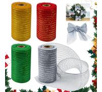 YBCCBY 4 Rolls Poly Mesh Ribbon Christmas Deco Mesh Rolls 15cmX9m Stripe Deco Mesh Rolls Red, Gold, Green, Silver Decorative Mesh Fabric Ribbon for Christmas Decoration Wreath Making,Garland,Bow