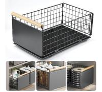 YBCCBY Pull Out Cabinet Organizer, Heavy Duty Pull Out Shelf Kitchen Storage Drawer with Wooden handles, Heavy Duty Extendable Sliding Drawer with Adhesive Nano Film No Drill (39.5*23.5*19.5cm-grey)