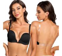 YBCG Plunge Bra with Clear Back Straps Backless Deep V Convertible Push up Padded Add 2 Cup Low Cut Underwire for Women, Black, 36DD