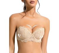YBCG Strapless Bra Push Up with Clear Straps Lace Padded Add 2 Cups Convertible Mutiway Balconette Underwire for Women, Nude, 42A