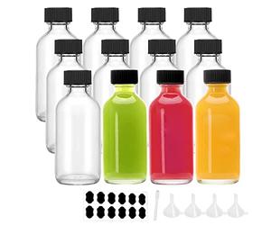 YBCPACK 12 Pack Glass Shot Bottles with Lids 60ml Small Ginger Bottles Refillable with 4 Mini Funnels, 12 Chalk Labels and 1 Pen, Clear Miniature Alcohol Bottle for Ginger, Juice, Essential Oil