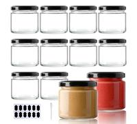 YBCPACK 150ml 12 Pack Glass Jam Jars with Black Lids, 5 oz Mini Jars with Airtight Lids for Label, Pen, Reusable Small Storage Jars for Jam, Honey, Spices, Chutney