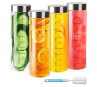 YBCPACK 16 OZ Glass Juice Bottles with Stainless Steel Lids, 4 Pack Reusable Smoothie Bottles with Scale Line, Leak Proof Juicing Bottle Leak Proof for Beverages, Milk, Tea, Vanilla Extract (500ml)
