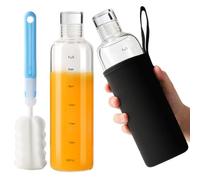 YBCPACK 2 Pack 16oz/500ml Glass Drinking Bottles with Time Marker - Transparent Crystal Water Bottles with Lids, Dishwasher Safe, Reusable, Aesthetic Waterdrop Bottle for Home Made Juice