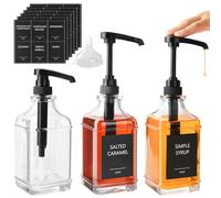 YBCPACK 3Pack 16.9 oz/ 500 ml Square Glass Coffee Syrup Dispenser with Pump | Glass Syrup Bottles for Coffee Bar/Kitchen, Large Coffee Syrup Pump Dispenser with 36pcs Stickers, 1 Funnel