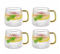 YBCPACK Glass Tea Mugs with Handles Set of 4, 10oz/320ml Clear Glass Coffee Cups for Hot and Iced Drinks, Tea, Water, Latte, Coffee, Juice