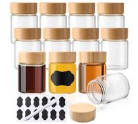 YBCPACK Pack of 12 Mini Shot Glass Bottles Made of Borosilicate Glass with Bamboo Lid 60 ml - Includes 12 Labels & Pen | Dishwasher Safe, Reusable for Ginger Shots, Detox Drinks and Other Drinks