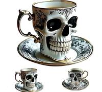 YBDADOEH Royal Skull Coffee Mug with Saucer Set - Gothic Porcelain Tea Cup with Gold Trim, Creative coffee cups for friends and family on Halloween，Collectors and Skul Enthusiasts(B)