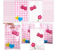 YBEATY 100PCS Pink Cat Party Favor Bags Cute Cartoon Candy Treat Bags Reusable Plastic Snack Pouch Print Bow Tie Flower Patterns Favor Bag Kitty Birthday Decoration Goodie Bag for Holiday Party
