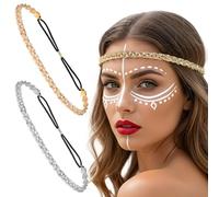 YBEATY 2Pcs Gold Elastic Rhinestone headbands Silver Sparkly Crystal Headpiece Fashionable Crystal Beaded Elastic Hairbands Glitter Head Chain Accessories for Singing Dancing Weddings Party