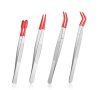 YBEATY 4 Pcs Tweezers with Rubber Tips PVC Silicone Coated Long Bent and Straight Flat Tip Long Bent Tweezer Precision Tweezers for Stamps Coins Jewelry Crafts Industrial Electronic Lab