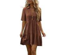 YBEBEWE Eid Dresses for Women Short Sleeve A-Line Midi Dresses Elegant Lapel Neck Buttons Tiered Dress Summer Casual Loose Boho Sundress Breathable Comfortable Friendly Beach Everyday Wear Coffee