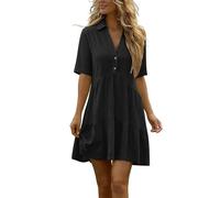 YBEBEWE Indian Dresses for Women Short Sleeve A-Line Midi Dresses Elegant Lapel Neck Buttons Tiered Dress Summer Casual Loose Boho Sundress Breathable Comfortable Friendly Beach Everyday Wear Black