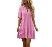 YBEBEWE Indian Dresses for Women Short Sleeve A-Line Midi Dresses Elegant Lapel Neck Buttons Tiered Dress Summer Casual Loose Boho Sundress Breathable Comfortable Friendly Beach Everyday Wear Pink