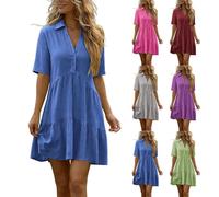 YBEBEWE Kaftan Dresses for Women UK Short Sleeve A-Line Midi Dresses Elegant Lapel Neck Buttons Tiered Dress Summer Casual Loose Boho Sundress Breathable Comfortable Friendly Beach Everyday Wear Blue